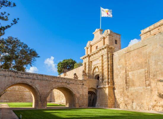 The,Main,Gate,With,Moat,,Garden,And,Ramparts,,Mdina,,A
